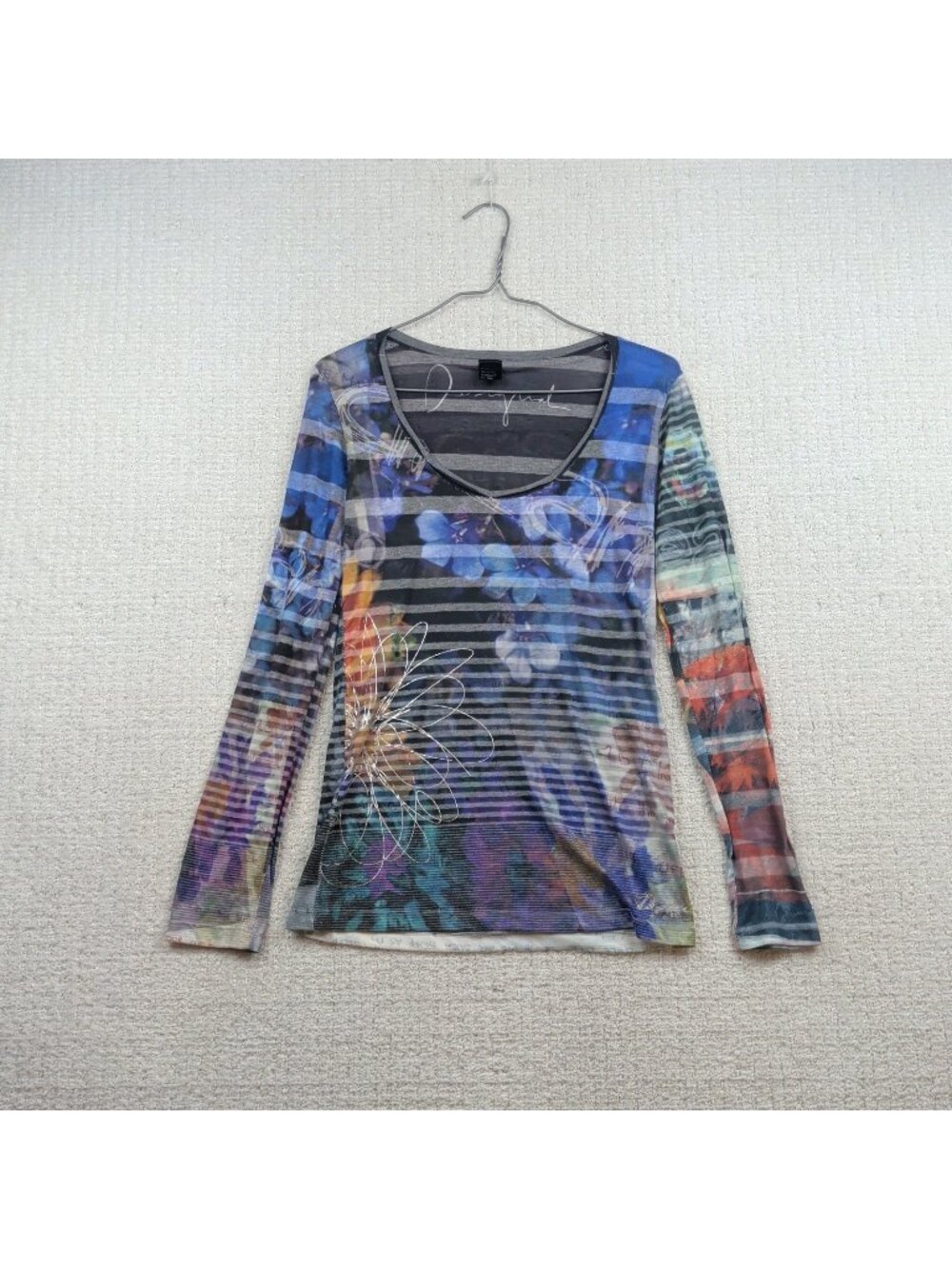 Y2K Desigual Wom M Long Sleeve Top Multicolor Boho Blouse Floral Grunge Fairy